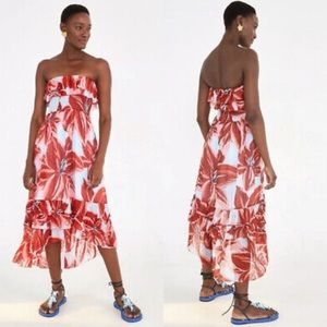 FARM Rio Azalea strapless ruffle floral midi dress Medium red